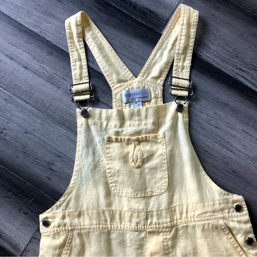 Vintage Y2K Pastel Yellow Linen Cropped Overalls - Picture 4 of 12